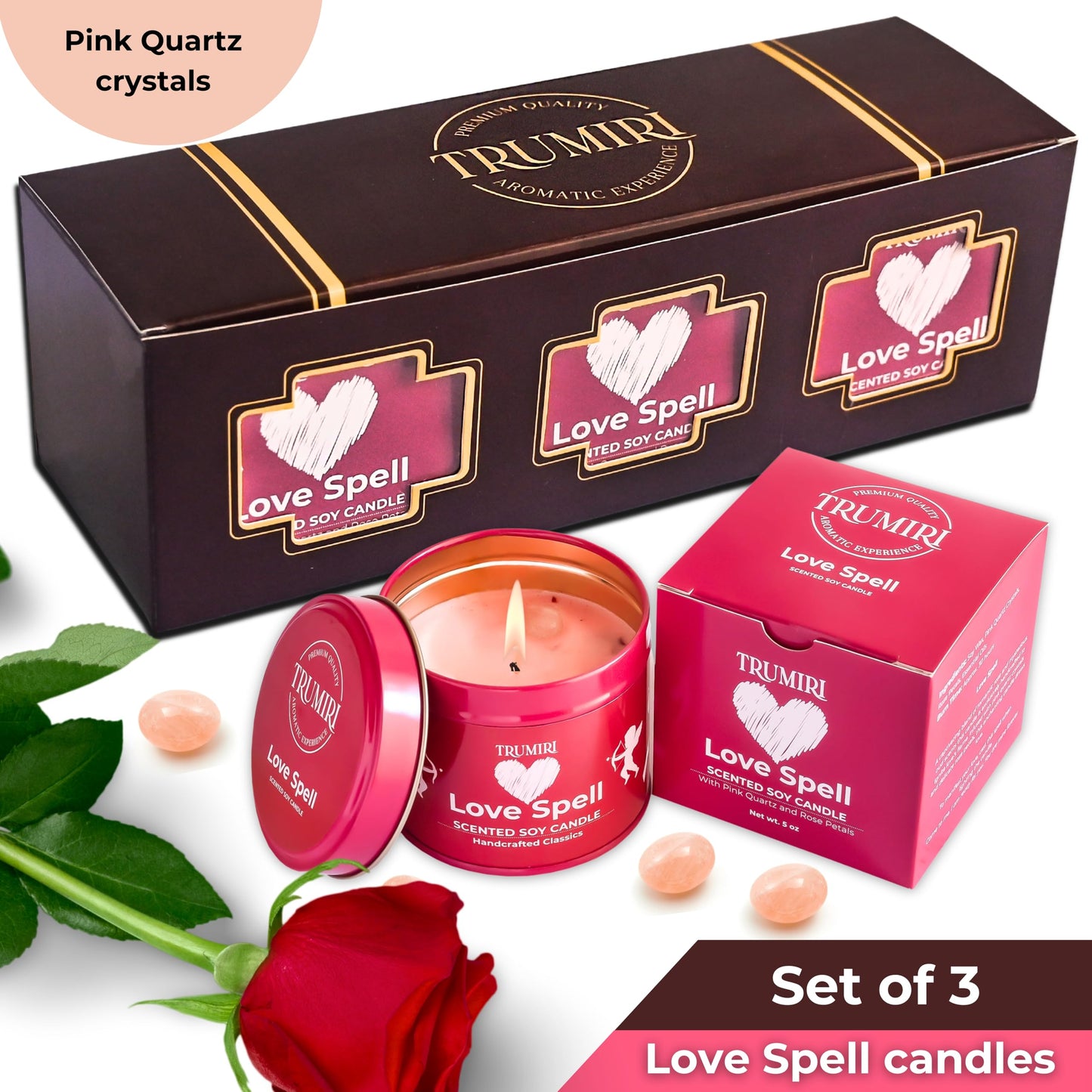 Love Spell - Scented Candles for Women & Men with Rose Petals and Crystals - Pack of 3 x 5oz Soy Clean Organic Non Toxic - Velas Aromáticas - Aromatherapy Spa Valentines Gift Candel