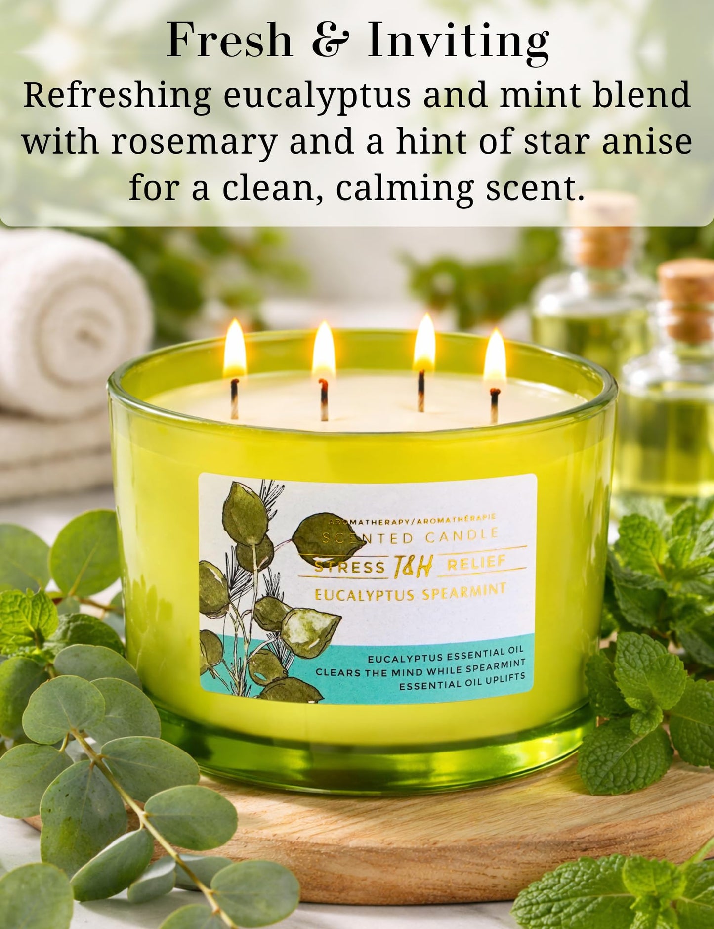Eucalyptus Spearmint Candle | 4 Wick Extra Large Scented Soy Candle 20 oz | Highly Scented Aromatherapy Stress Relief Spa Candles | Fresh Eucalyptus Mint Home Scent | Long Lasting Clean Burn