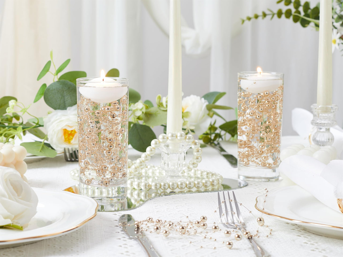 YATOJUZI 30 PCS Artificial Pearl String Rose Gold Vase Filler Floating Pearls for Vases Centerpieces Faux Pearl Beads String Decorations Wedding Holiday Party Decor