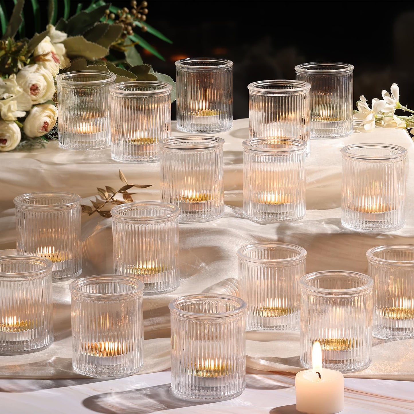 NITIME 32Pcs Ribbed Votive Candle Holders, Clear Tea Light Candle Holder for Wedding Table Decor, Glass Candle Holder for Bridal Shower Decor, Home and Holiday Decor