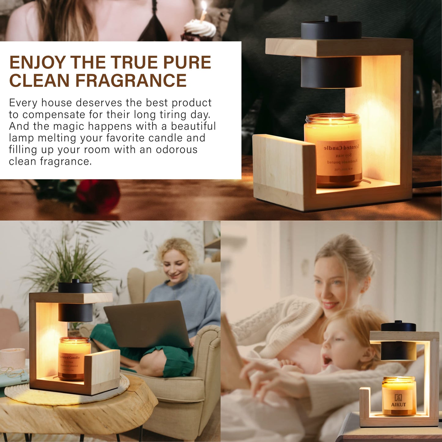 AIKUT Candle Warmer Lamp, with 2 Bulbs,Timer & Dimmer,Simple Natural Wood,Compatible Up to 4.5 inch Candles,for Home Scented and Décor，110-120V (Wood)