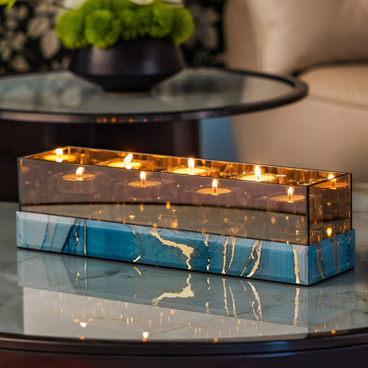 Timetrace Glass Candle Holder Rectangular 4 Candle Seat with Marble Pattern-Tealight and Votive Candles Holders Centerpiece Table Decorations for Home Décor, Dining Room, Kitchen, Patio (Blue)