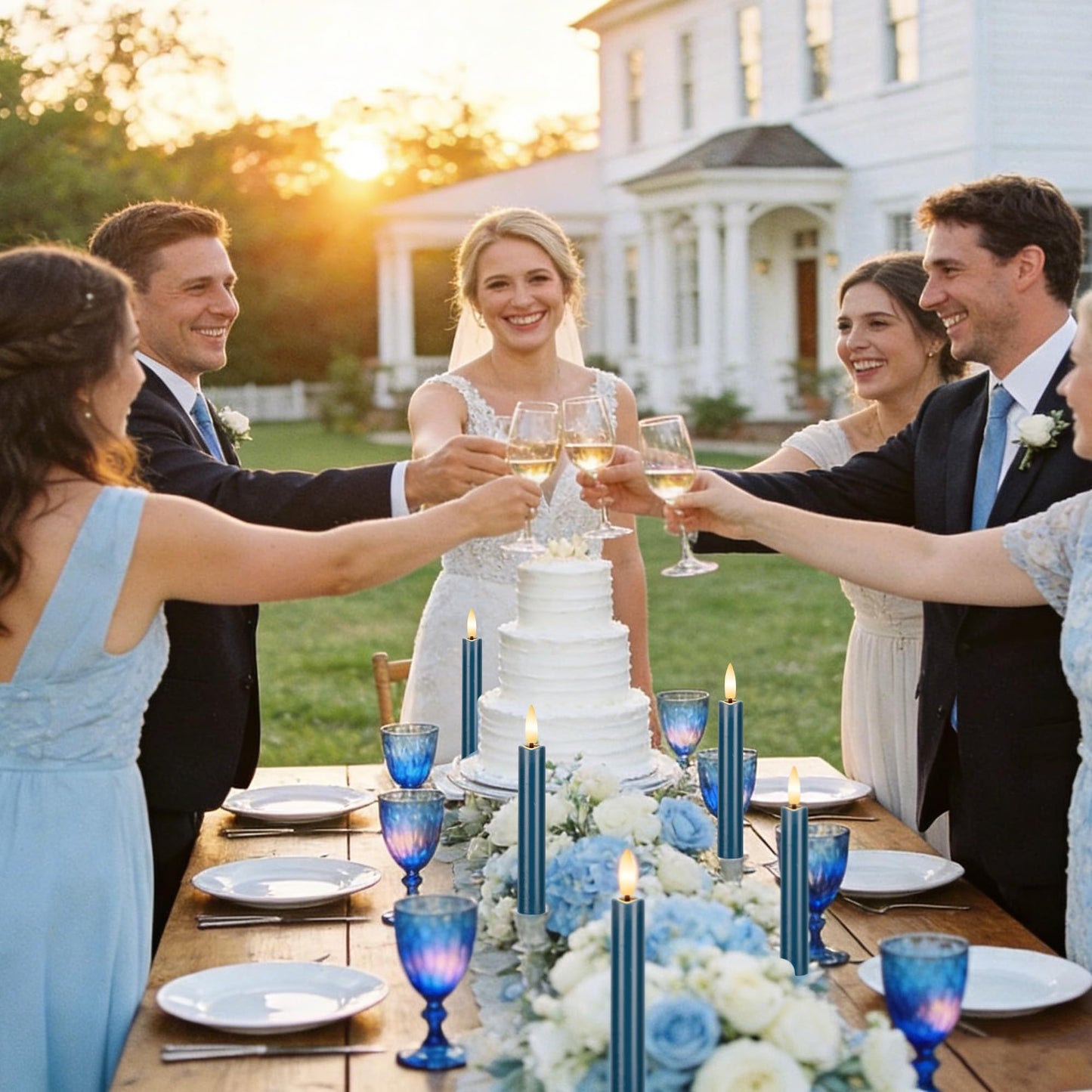 AFINETH Blue Flameless Taper Candles with Remote, Short Battery Operated LED Candles, 6.4inch Flickering Flameless Candlesticks for Table Centerpiece, Wedding, Mantel, Window Decor, Set of 6