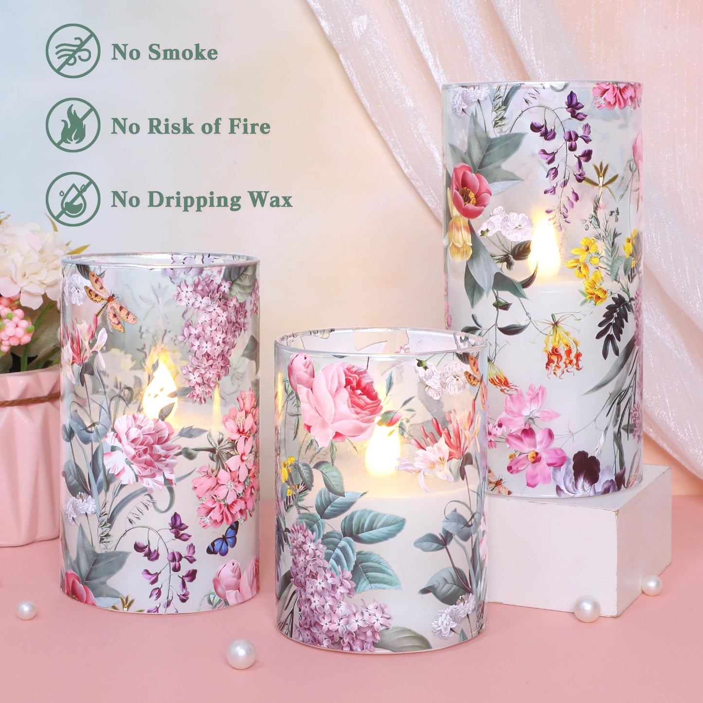 CRYSTAL CLUB Floral Glass Flameless Candles Battery Operated with Remote, Realistic LED Flickering Pillar Candle for Wedding, Home Decor