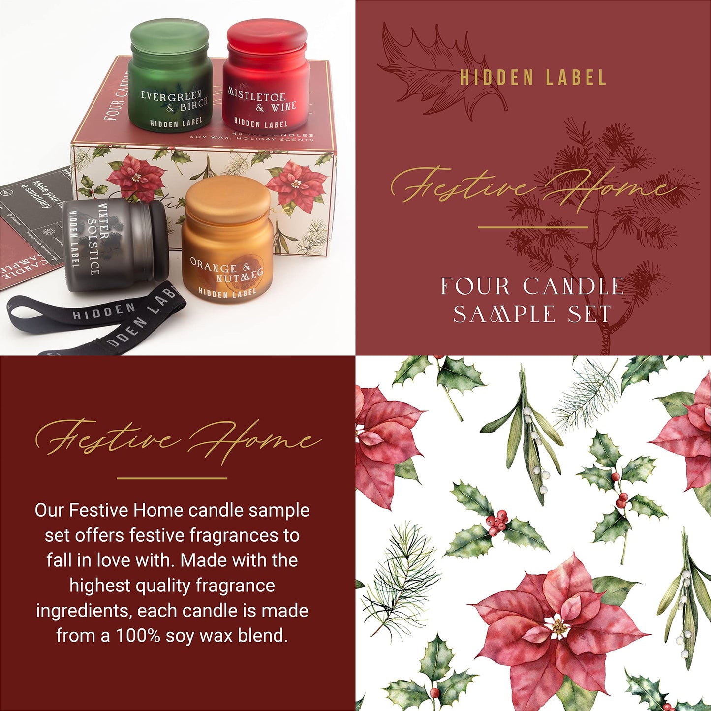 Christmas Candle Set, 4 Pack Holiday Candle Gifts, Natural Candles Non Toxic with Holiday Scents, Xmas Gift for Women, Scents of Christmas Mistletoe Wine,Winter Solstice,Evergreen Birch,Orange Nutmeg