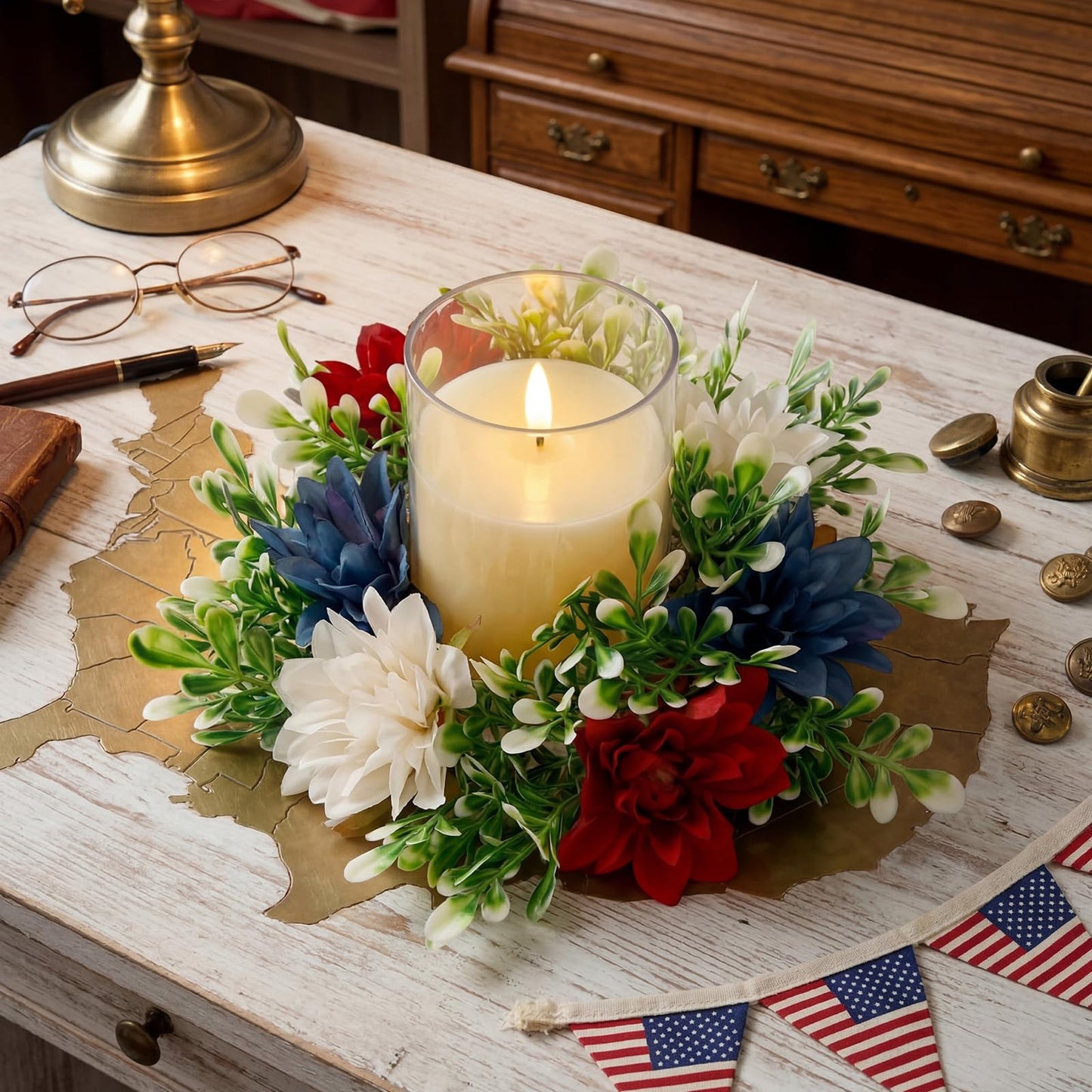 Yunlly 4 Pcs Artificial Dahlia Candle Rings Wreaths, Patriotic Red White and Blue Floral Rings Holders with LED Flameless Candles for 4th of July Independence Day Memorial Day Table Centerpiece