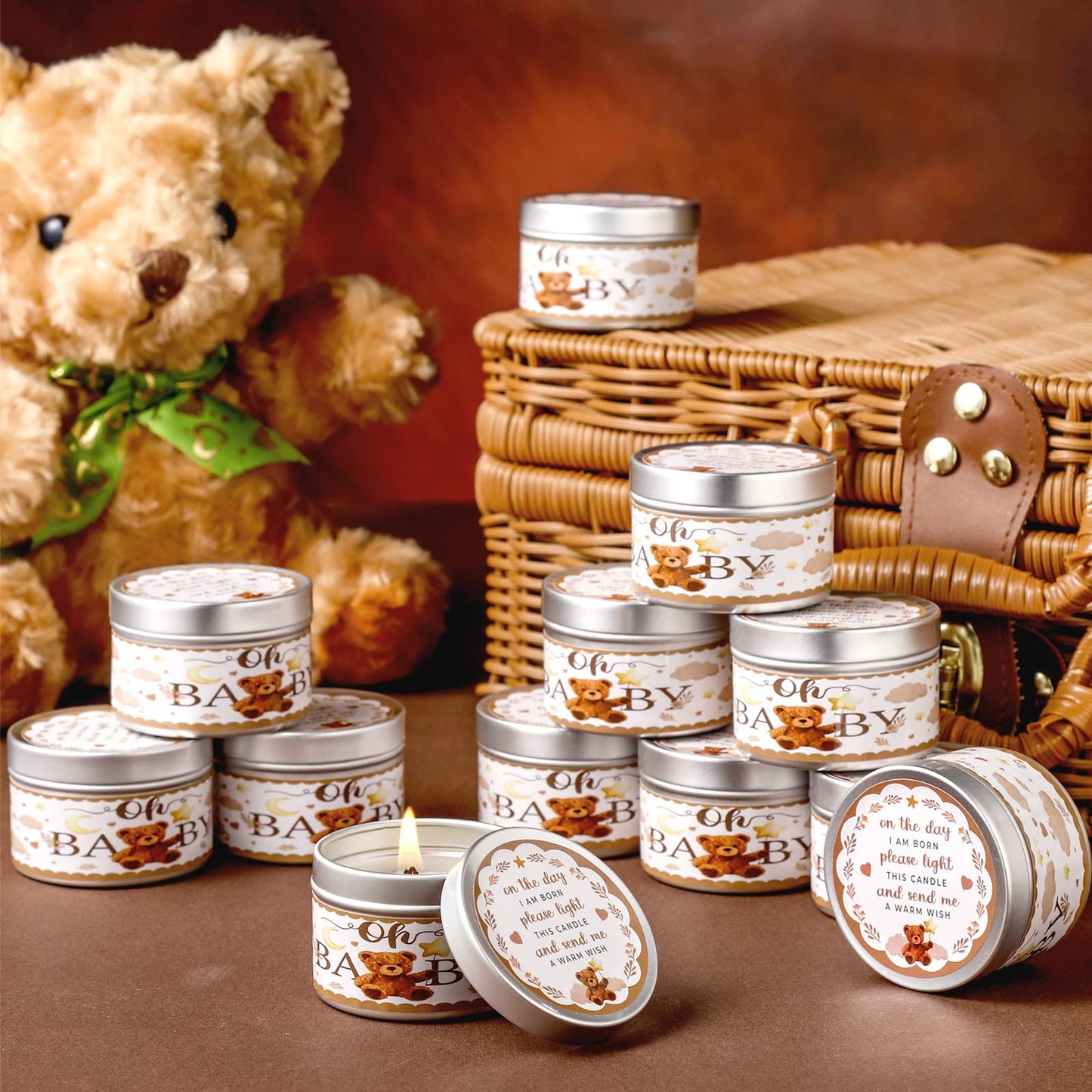 Funtery 12 Pcs Baby Shower Party Favors for Guests Baby Shower Candles Lavender Scented Candle Rustic Tealights Candles Gender Reveal Return Gifts(Bear)
