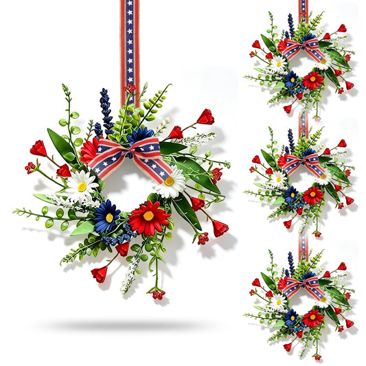 4 Pcs Mini Patriotic American Kitchen Cabinet Wreaths Small 4th of July Floral Swag Wreath for Front Door with Ribbon Daisy July Independence Day Hanging Wreath for Porch Wall Farmhouse Decor