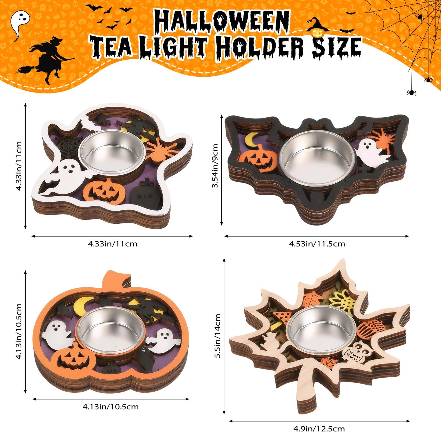 Halloween Tea Light Candle Holders 1PCS Wooden Ghost Tealight Holders with Metal Cups for Halloween Party, Table Centerpiece & Home Décor(White-Ghost)