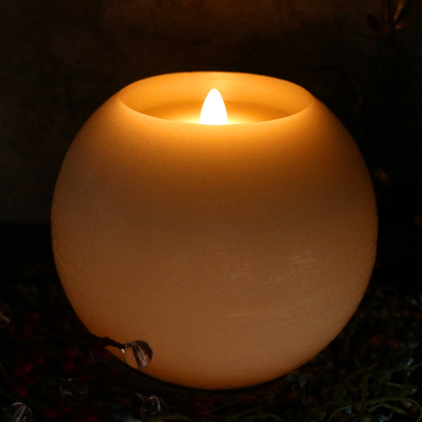 CVHOMEDECO. Moon Sphere Wax LED Dancing Flame Candle Ball Battery Operated Wax LED Flameless Candle with Timer and Remote Control, Dia. 6 X H 5 Inch, Cream