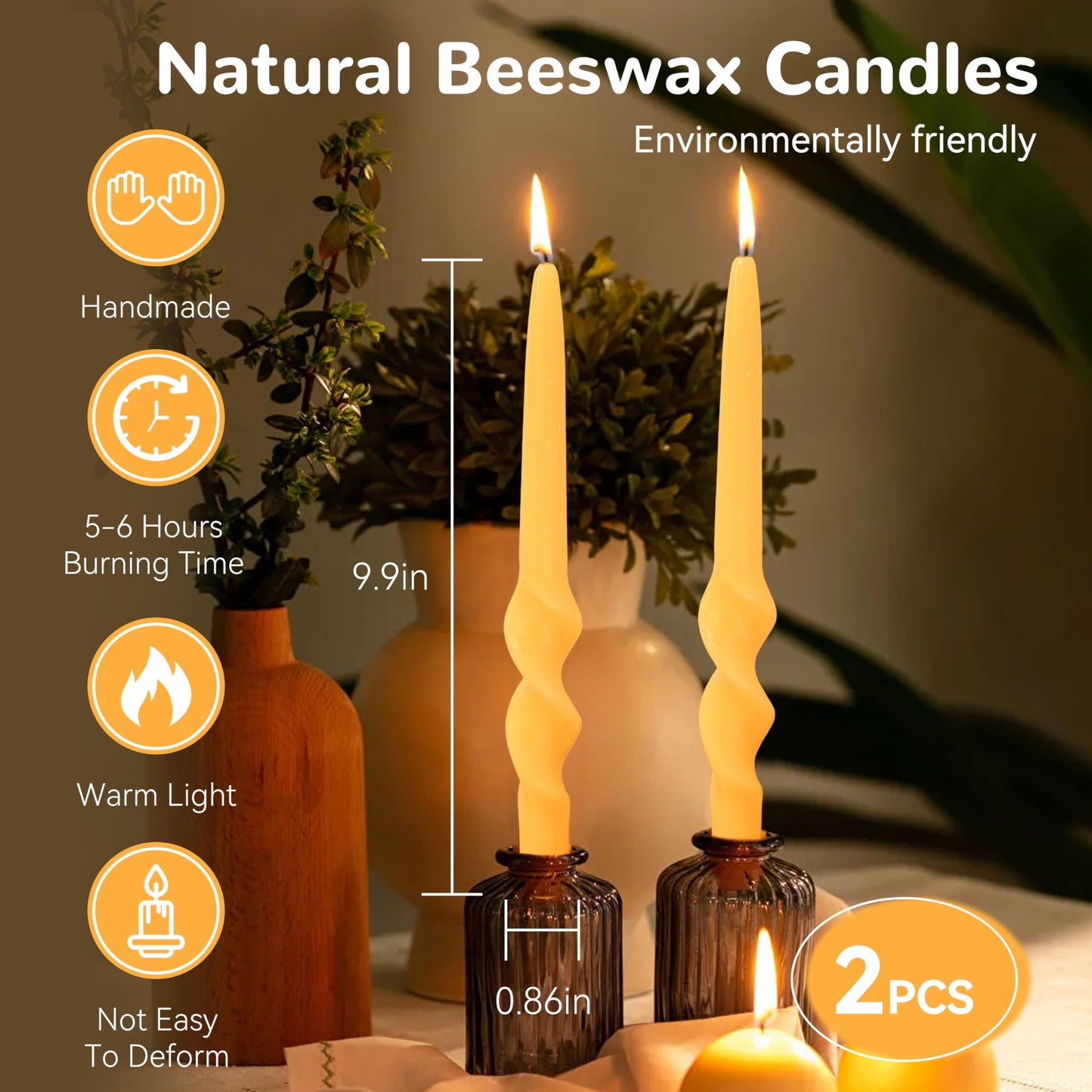Beeswax Taper Candles Spiral Candlesticks,XINAOBAOLUO 10inches Non Toxic Bees Wax Candles Meditation Beeswax Candles Handmade Natural Honey Twisted Candle Set for Table Home Decor Meditation 2pcs