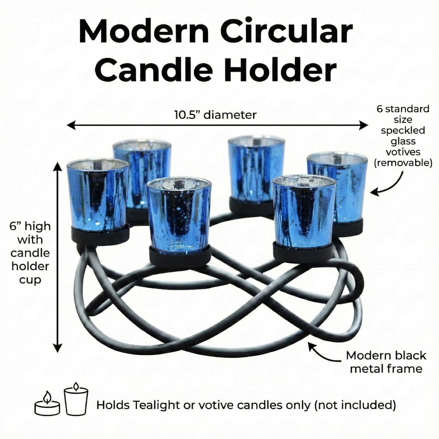 Seraphic Centerpieces for Table Decorations - Round Candle Holders for Outdoor Patio, Dining, Kitchen, Coffee & Wedding Table Decor, Black Iron Candelabra, 6 Blue Glass Votive Tealight Cups