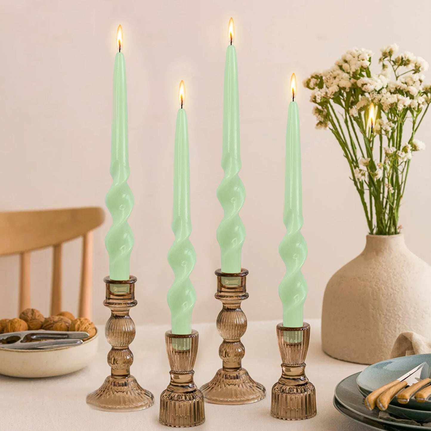 Green Taper Candles Spiral Smokeless Tapered Candles Long Twisted Candlesticks Unique Unscented Candle for Wedding Dinner Party Home Decoration