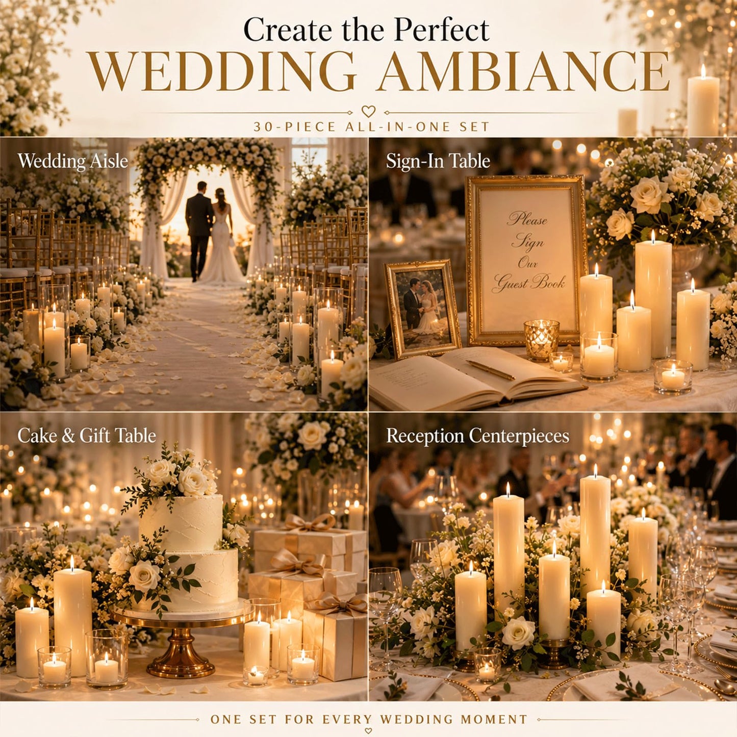18 Pack Soy Wax Pillar Candle Set for Weddings & Home Decor, Layered Candle Kit with 6 of Each Size (2x3, 2x6 & 2x8) and 12 Tea Lights, Dripless Long Burning White Candles for Centerpieces &Parties