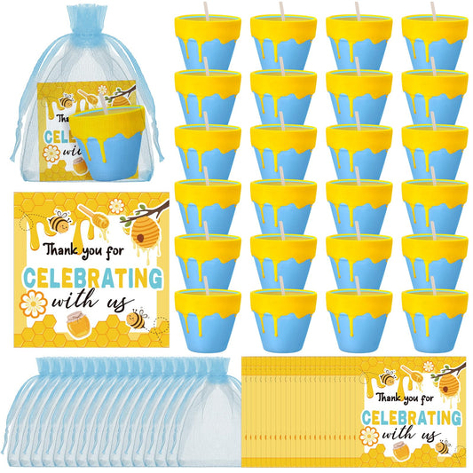 Conelist 24 Sets Bee Themed Candle Set for Baby Shower Party Favors Cute Honey Jar Candle with Thank You Tags Organza Bags Baby Shower Gifts for Guest Gender Reveal Party Decoration Gifts (Blue)
