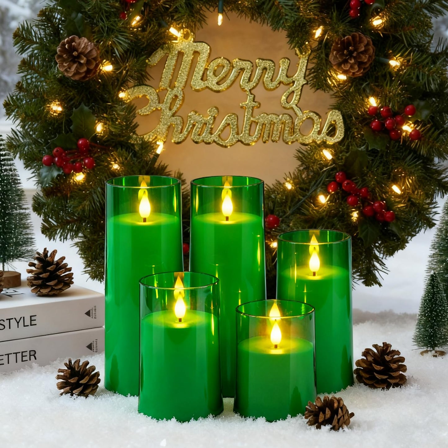 Raycare St. Patrick's Day Flameless Candles Battery Operated with Remote Timer, Acrylic Flickering LED Pillar Candle for Christmas Decoration, Home Decor, Gift for Family and Friend, Green, Set of 5