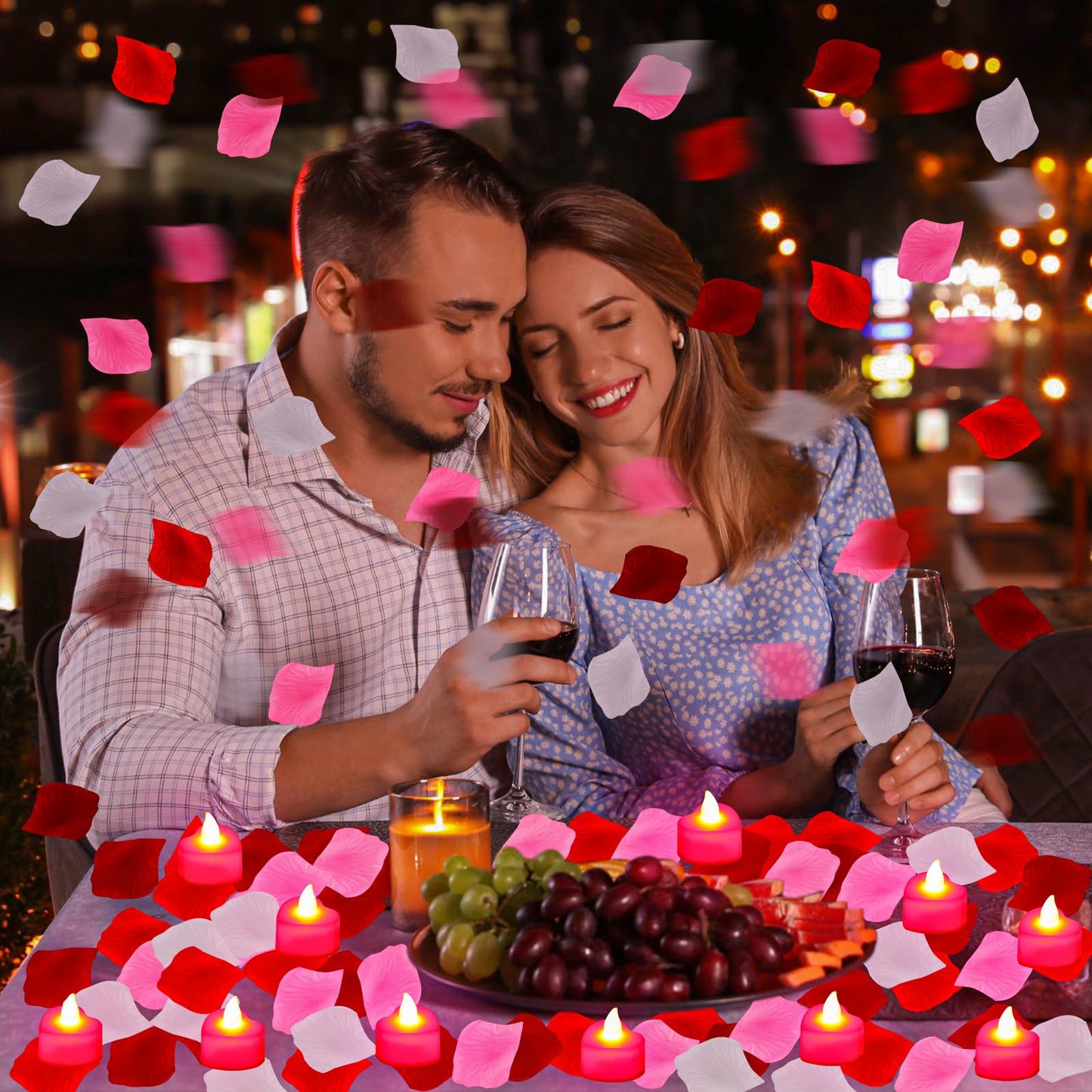 Honoson 1000 Pieces Artificial Rose Petals with 24 Pcs Flameless Heart Shaped LED Tealights Candles Special Romantic Night Decorations for Proposal Wedding Anniversary Table Decor(White with Red)