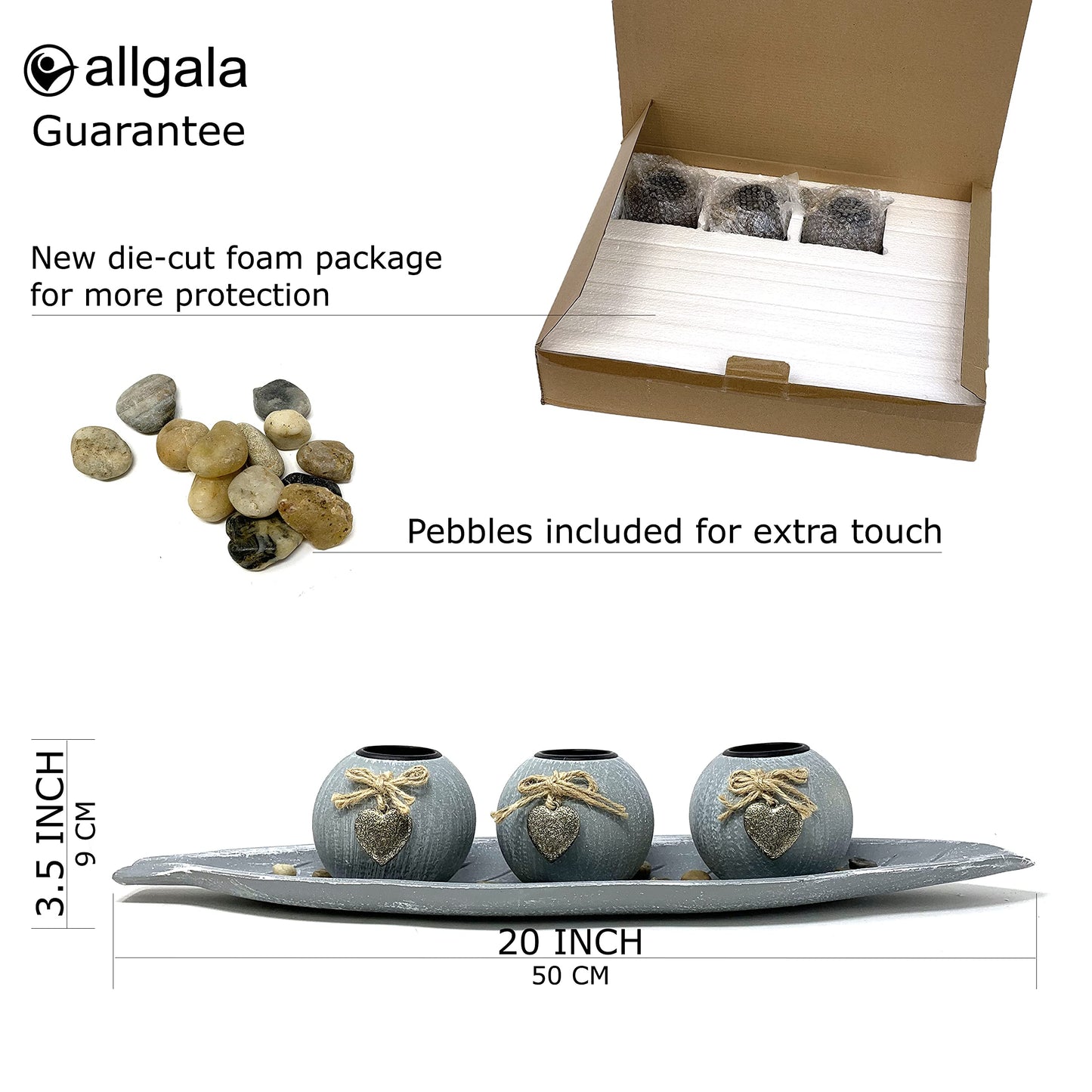allgala HD90403 Wooden Candle Holder Tray 3 Ball Orbs Set Tealight Centerpiece with Pebbles on Leaf Tray for Coffee Table Dining Table Accents Bowl for Living Room Décor (Green)