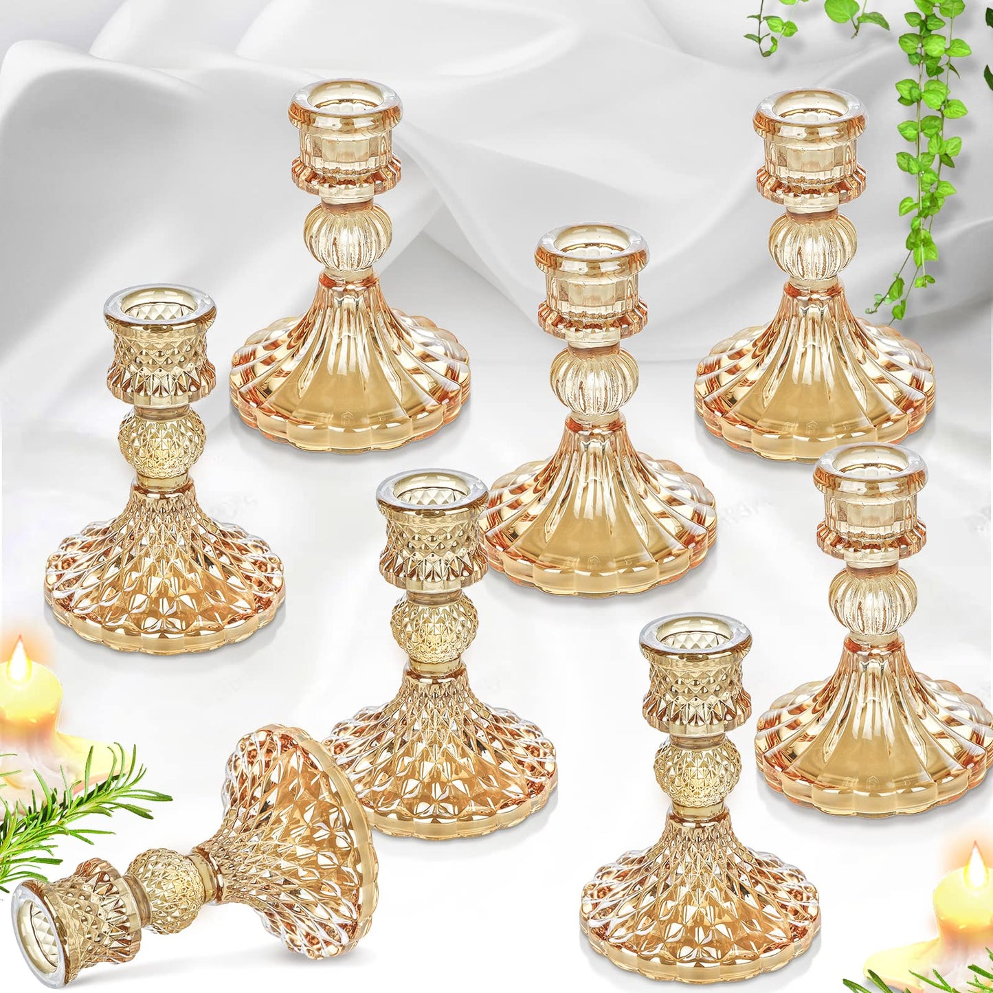 Brown Glass Candlestick Holders,8 pcs Set include Taper Candle Holders and Stripe Candle Holders,Two Style for Formal Events, Wedding, Festival,Church, Party & Festival Decoration