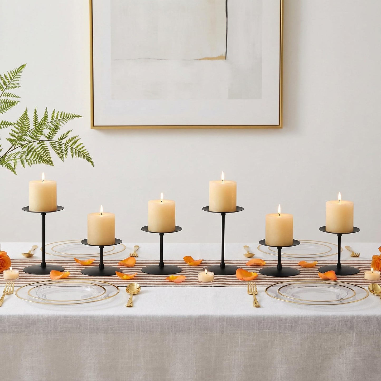 Elsjoy Set of 6 Black Pillar Candle Holders, Metal Pillar Candle Stand Fireplace Candelabras Set for Home Decor, Table Centerpiece, Wedding, 3 Sizes