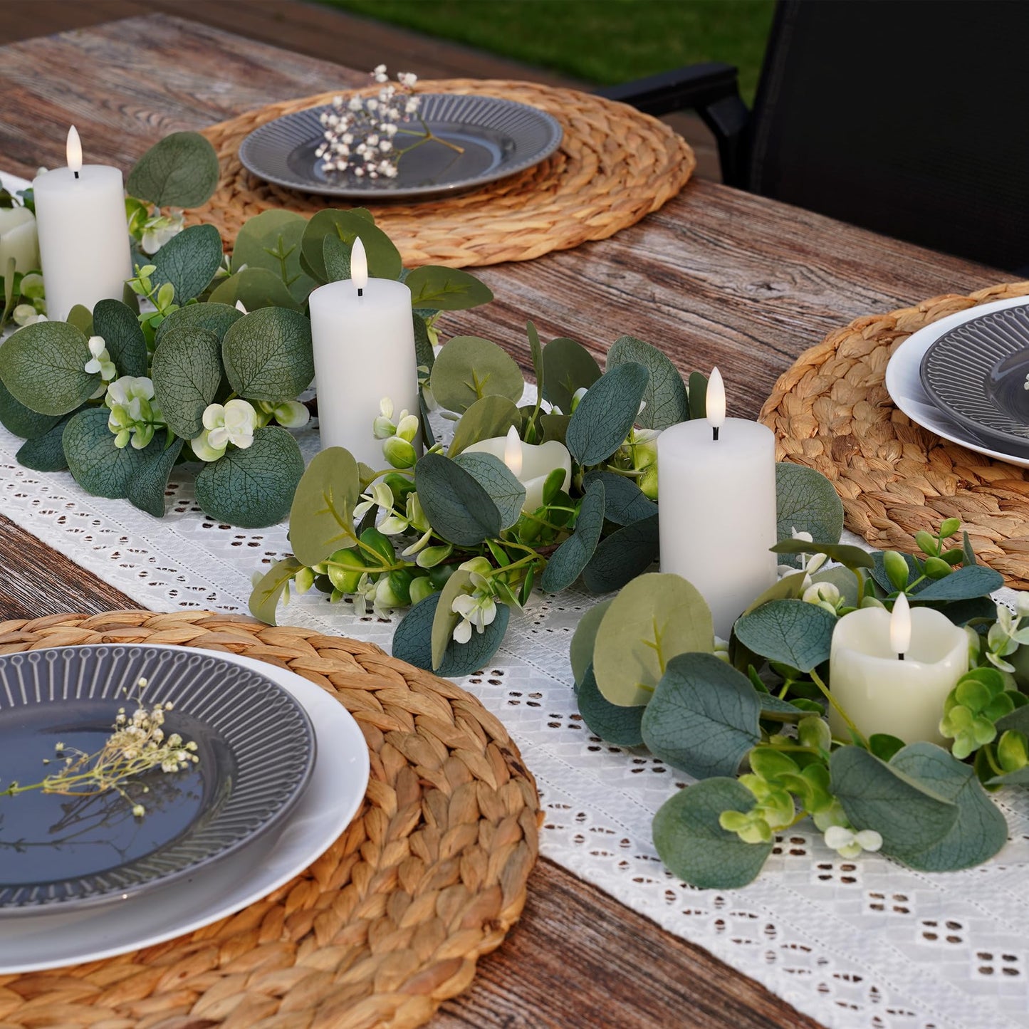 Rhytsing 4pcs Artificial Eucalyptus Leaves Candle Rings, Wreaths of Pillar Candles for Wedding and Home Decoration, Green Candlestick Holders for Spring and Summer - Inner Diameter: 3.5"