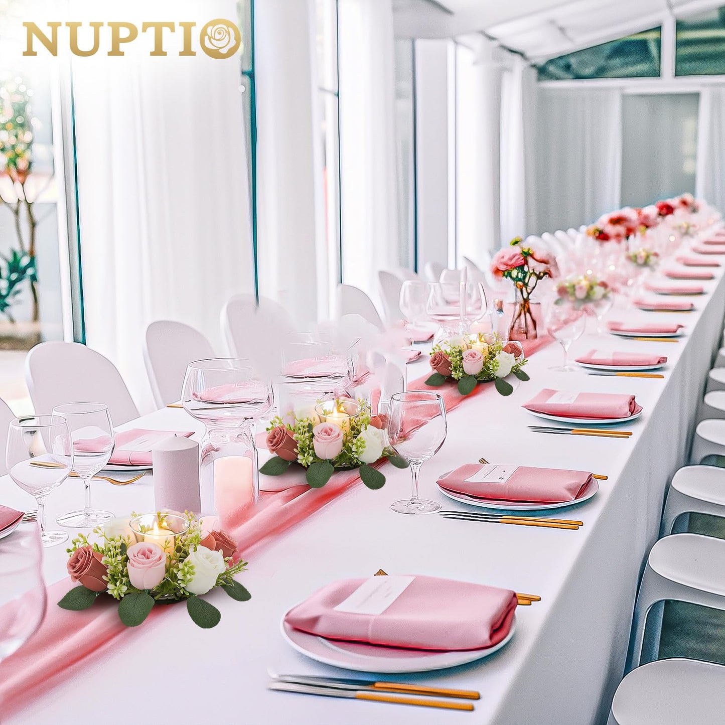 NUPTIO Small Flower Rings for Centerpieces: 9.05 Inch Dusty Rose & White Candle Rose Wreath 10 Pcs for Wedding Party Christmas Decorations - Spring Summer Front Door Porch Decor