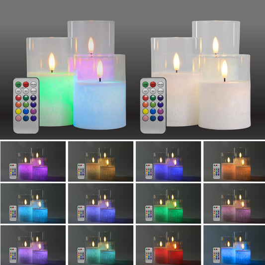 Lite Trends Flameless Candles Set, 3 RGB Color Changing LED Candles, Remote Control, Timer, 12+1 Color Options, Solid/Fade/Multi-Color Modes, Wax with Glass Shell, Home & Wedding Décor (3” x 4” 5” 6”)