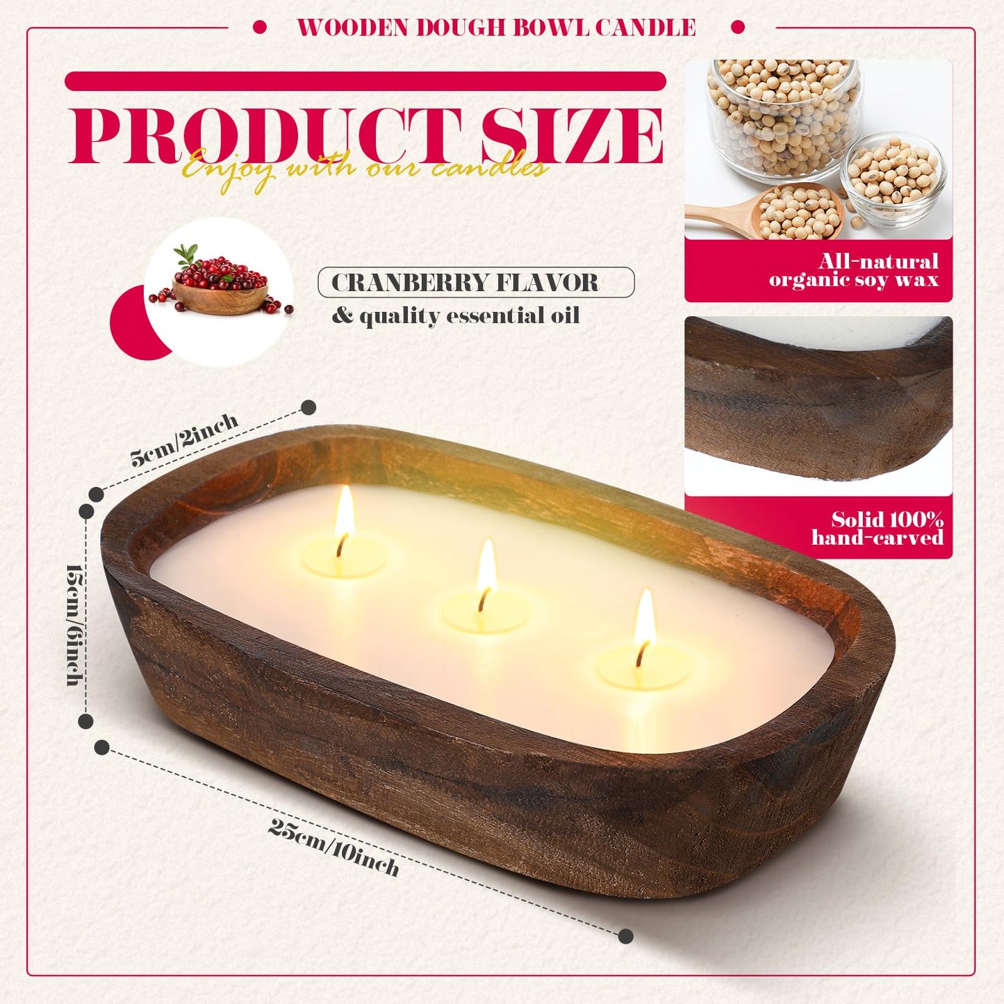 Threlaco 1 Pack 10 Inch Wood Dough Bowl Candles Home Rustic Dough Bowl Soy Candle 3 Wick Scented Candles Gifts for Men Women Farmhouse Table Centerpiece Home Decor for Christmas(Cranberry)