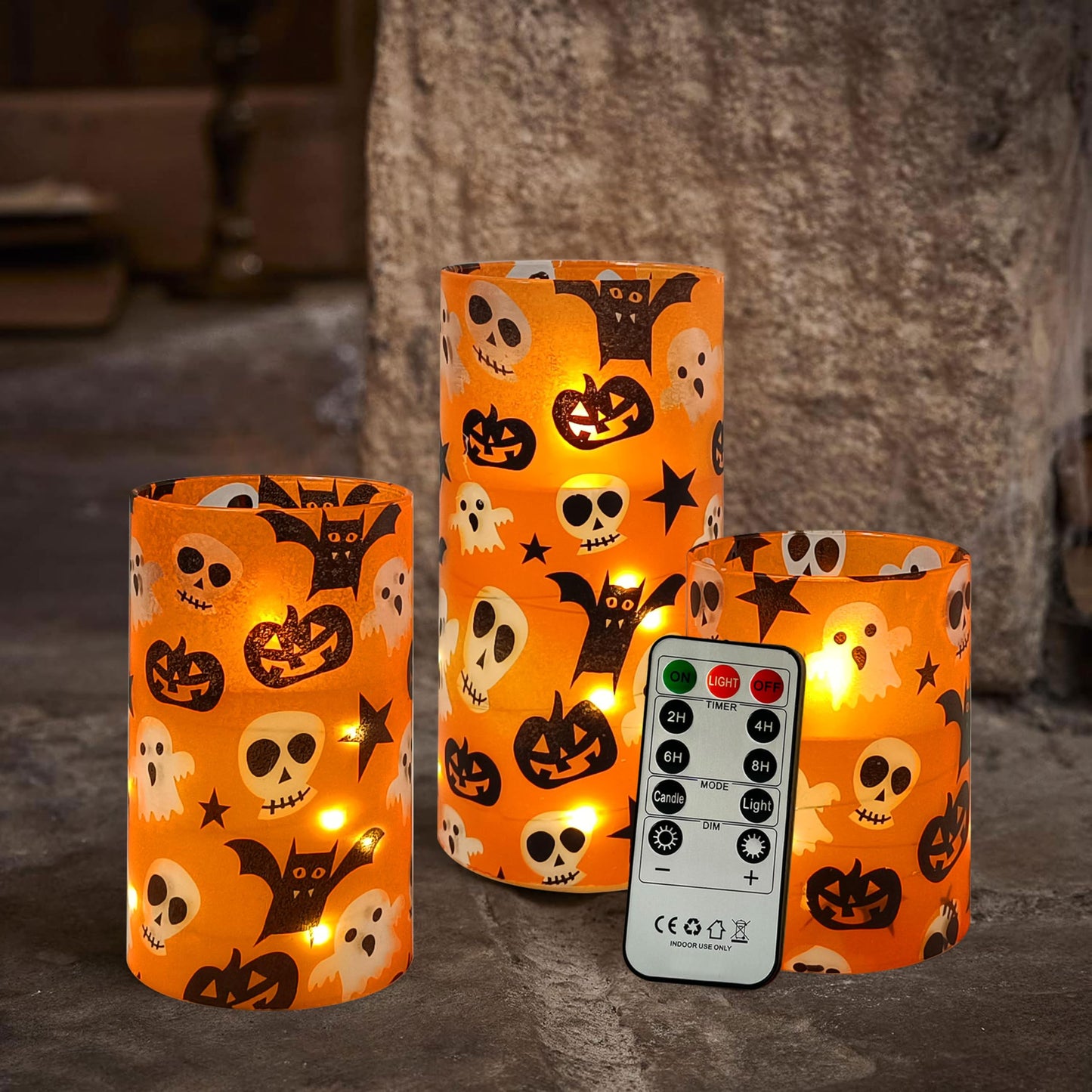 Flickering Flameless Candles Halloween Pumpkin Ghost Print, Embedded Star String Lights, Battery Operated Acrylic LED Pillar Candles with 11-Key Remote and Timer for Home Decoration, 3 Pack