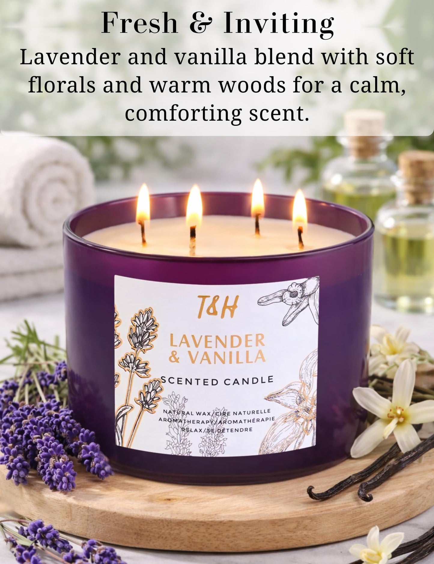 Lavender Vanilla Candle | 4 Wick Extra Large Scented Soy Candles 20 oz | Highly Scented Aromatherapy Lavender Candle for Women | Relaxing Stress Relief Home Scent | Long Lasting Clean Burn