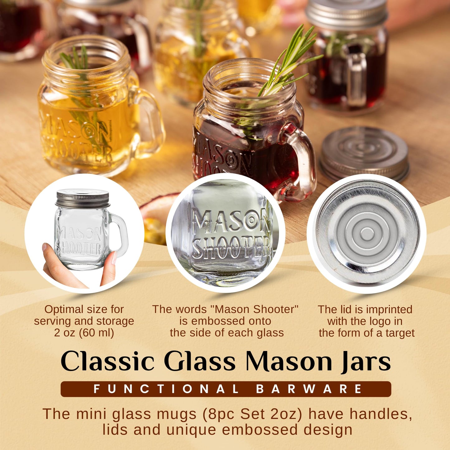 Small Mason Jar Shot Glasses with Lids (8pc Set) 2oz Tiny Glass Jars with Handles for Adult Party Favors, Juice, Alcohol, Unique Funny Shot Glass, Moonshine Shooter, Cute Mini Beer Mug, Christmas Gift