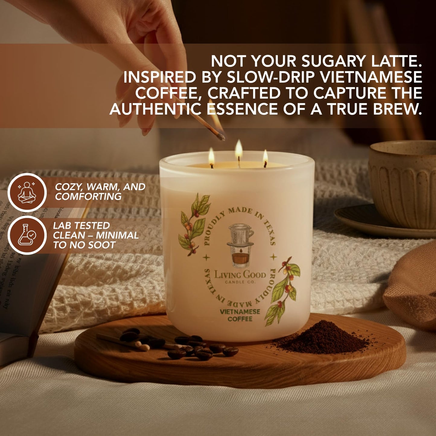 Fresh Robusta Coffee – Pure Beeswax Candle for Men and Women – Non-Toxic Scented Candle for Focus, Clarity & Mood Boosting – 90+ Hour Long Burn – Inspired by Vietnamese Coffee