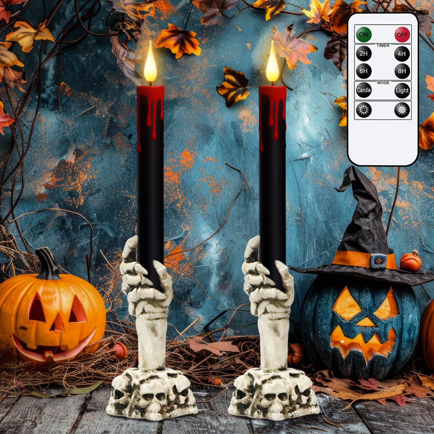 Eldnacele Halloween Flameless Taper Candle Lights Battery Operated with Remote and Timer, 2 Pack Skeleton Hand Holders Black Dripping Wax Effect LED Flickering Candles Home Decor(3” x 12”)