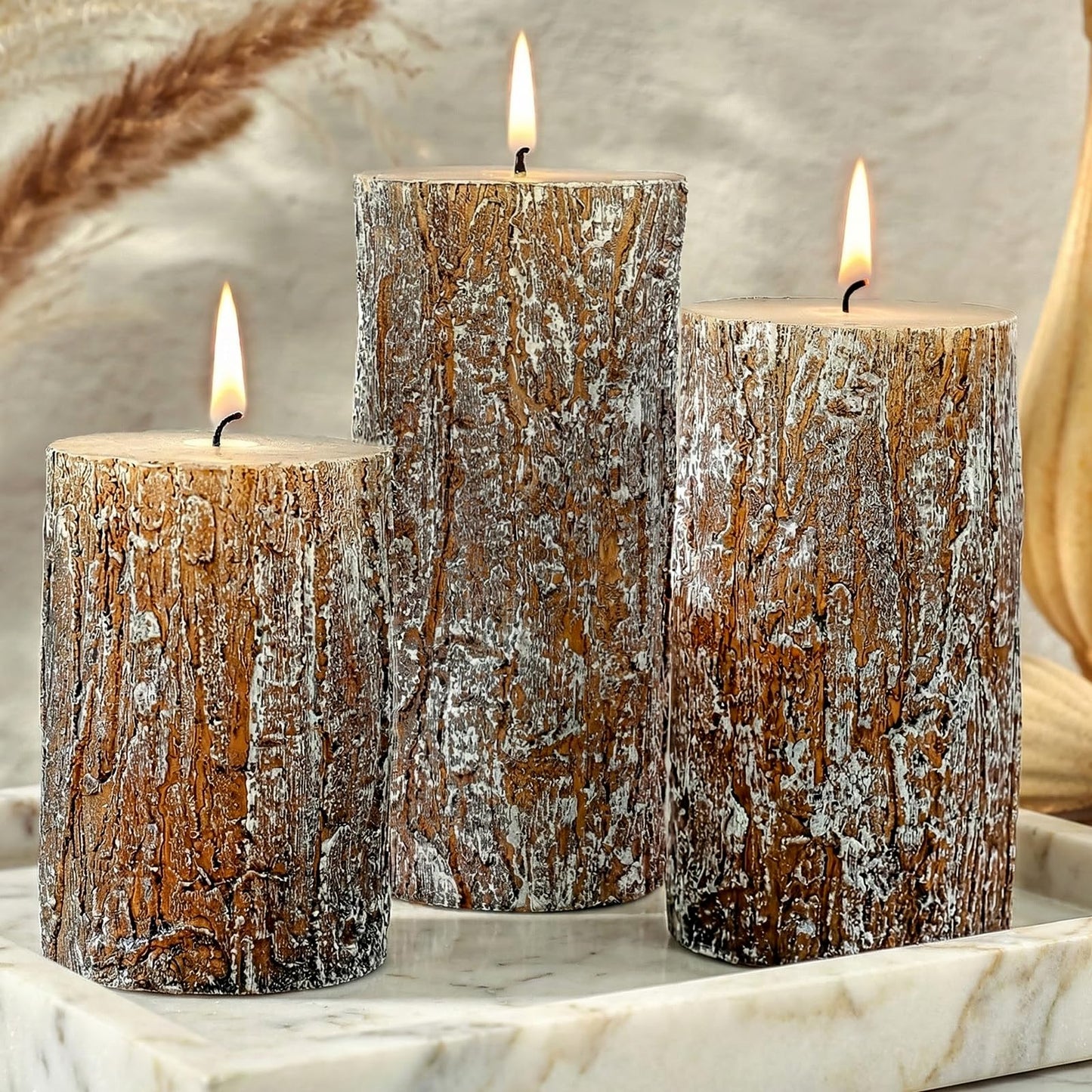 Classic Pine Tree Bark Texture Pillar Candles Set - Real Wax 3 Sizes (4", 5", 6" Tall) Rustic Decor Fireplace Candles, Unscented Woodland Style Pillar Candle for Home, Dining Table, Holiday Decor