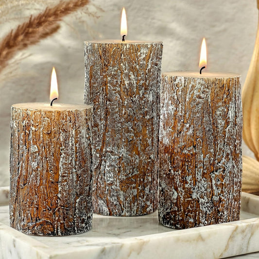 Classic Pine Tree Bark Texture Pillar Candles Set - Real Wax 3 Sizes (4", 5", 6" Tall) Rustic Decor Fireplace Candles, Unscented Woodland Style Pillar Candle for Home, Dining Table, Holiday Decor