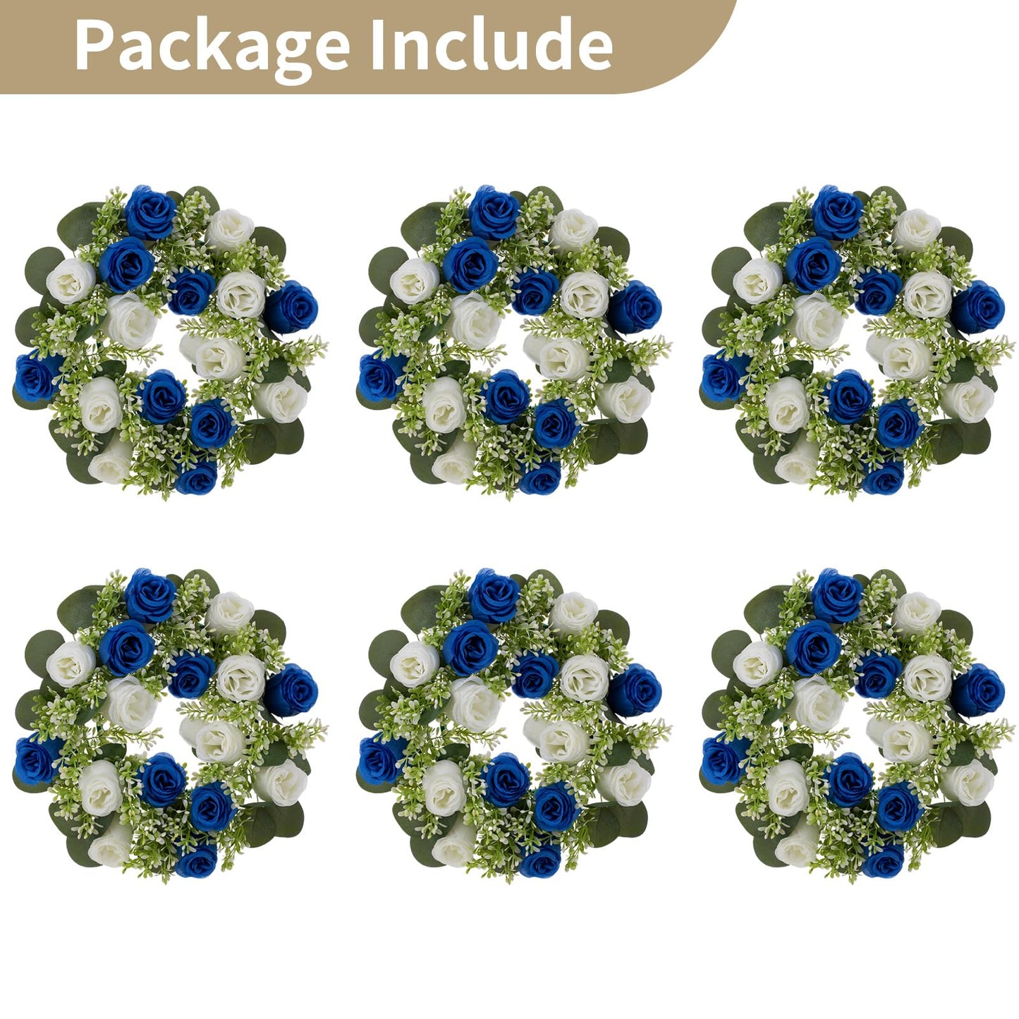 NUPTIO Flower Candle Rings for Centerpieces: 13.4 Inch Rose Wreath for Wedding Party Christmas - Royal Blue & White Wreaths for Spring Summer Front Door Porch Table Decor 6 Pcs