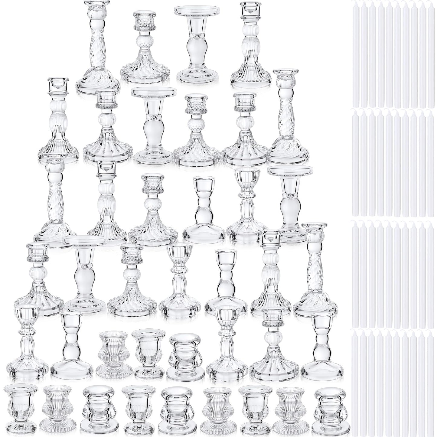 Mumufy 40 Sets Glass Crystal Taper Candle Holders Stand Centerpiece Bulk with 10 in Taper Candles Sticks Clear Decorations Table Wedding Dining Party (Transparent)