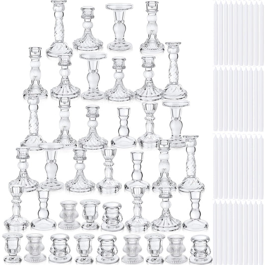 Mumufy 40 Sets Glass Crystal Taper Candle Holders Stand Centerpiece Bulk with 10 in Taper Candles Sticks Clear Decorations Table Wedding Dining Party (Transparent)
