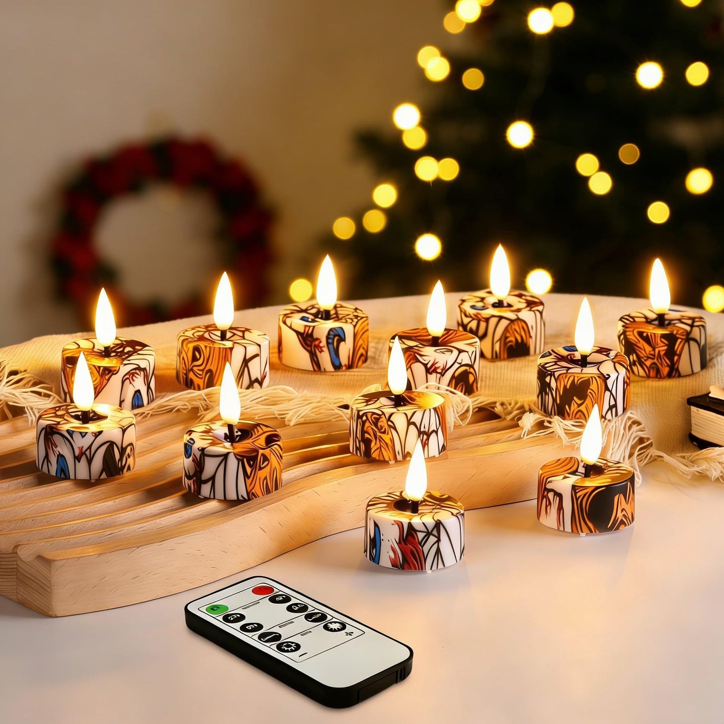 Eywamage Flameless LED Tealights with Remote Set of 12, Cool Pattern Battery Tea Votive Candles Holiday Gift