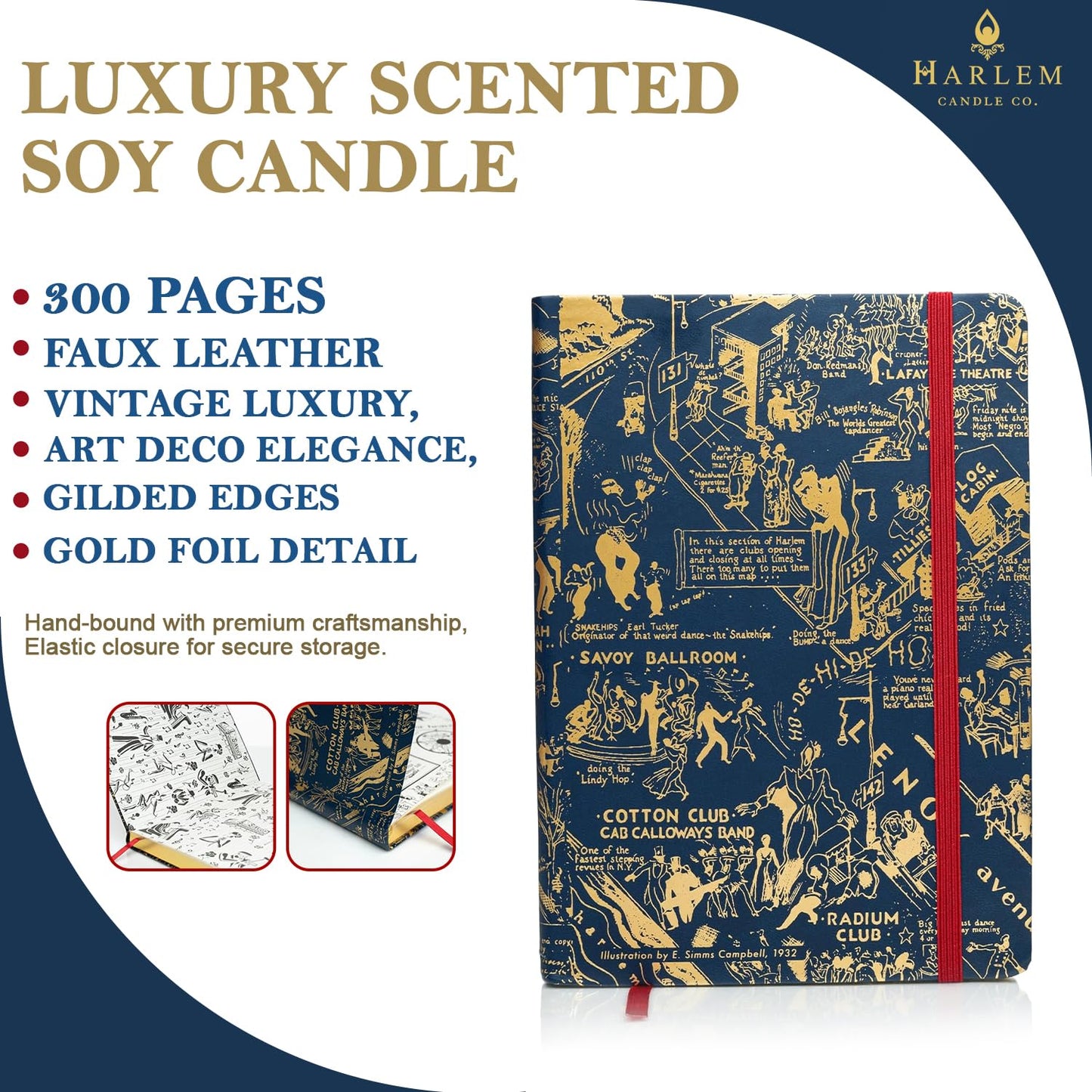 HARLEM CANDLE CO. Langston Candle & Night Club Map of Harlem Journal Bundle, Luxury Scented Soy Candle (11 oz, 80-Hour Burn), Vegan Leather Journal (300 Pages), Elegant Gift Set