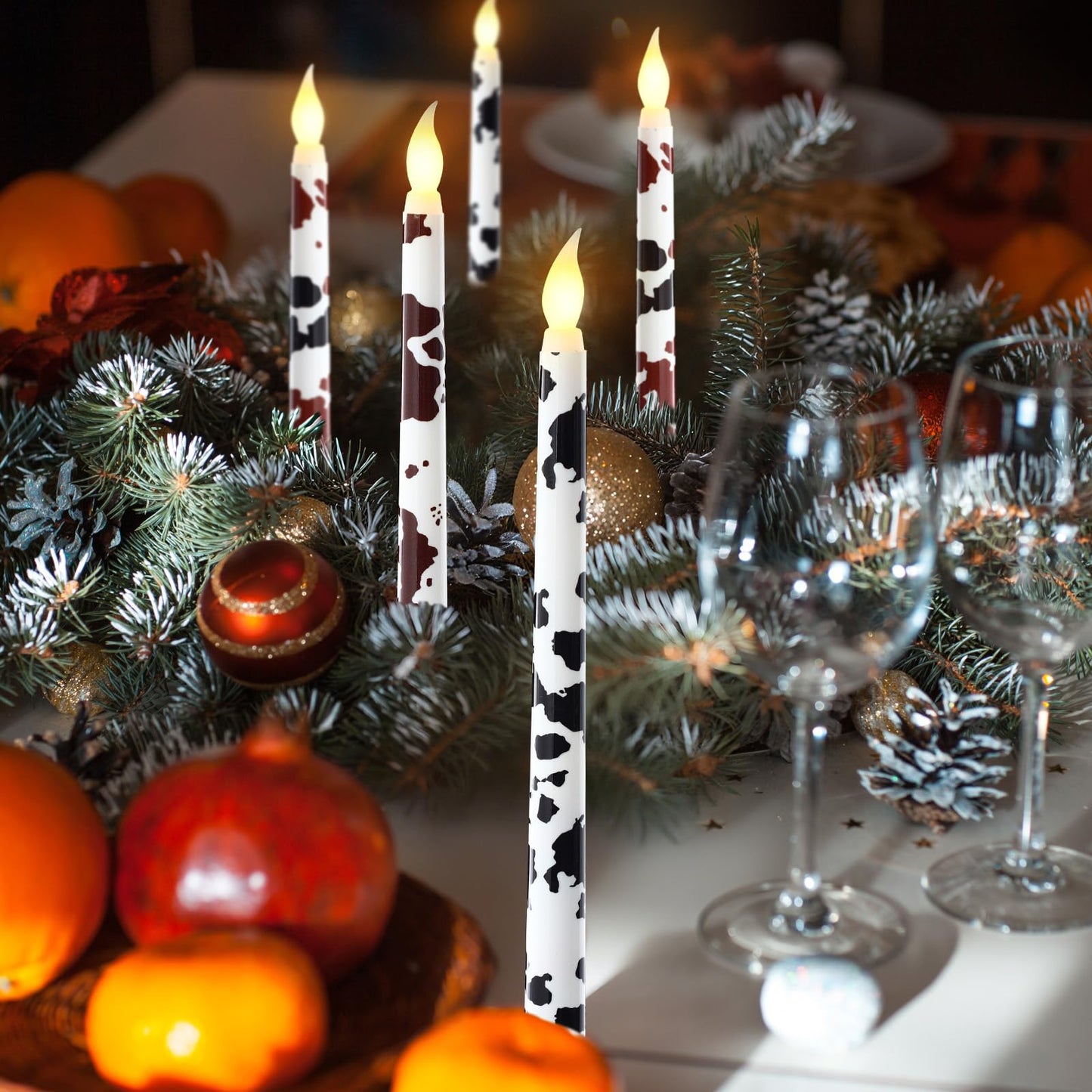 Kittmip 6 Pcs Christmas Cowhide Printed Flameless Taper Candles 11 Inch Battery Operated LED Western Country Rustic Candles Farmhouse Table Centerpiece for Xmas Holiday Party Decor Gifts