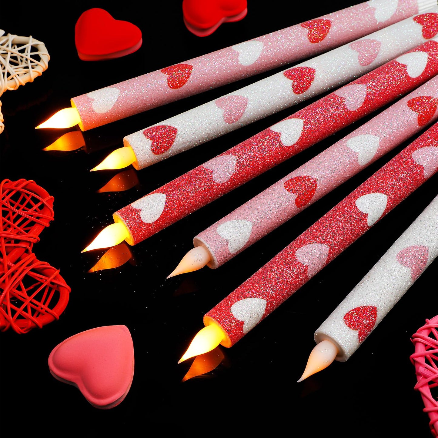 Honoson 6 Pcs Heart Glitter Flameless Taper Candles 10.6 Inch Valentines Day Candles Battery Operated LED Candlesticks for Valenties Wedding Bridal Birthday Baby Shower Party Dinner Table Home Decor