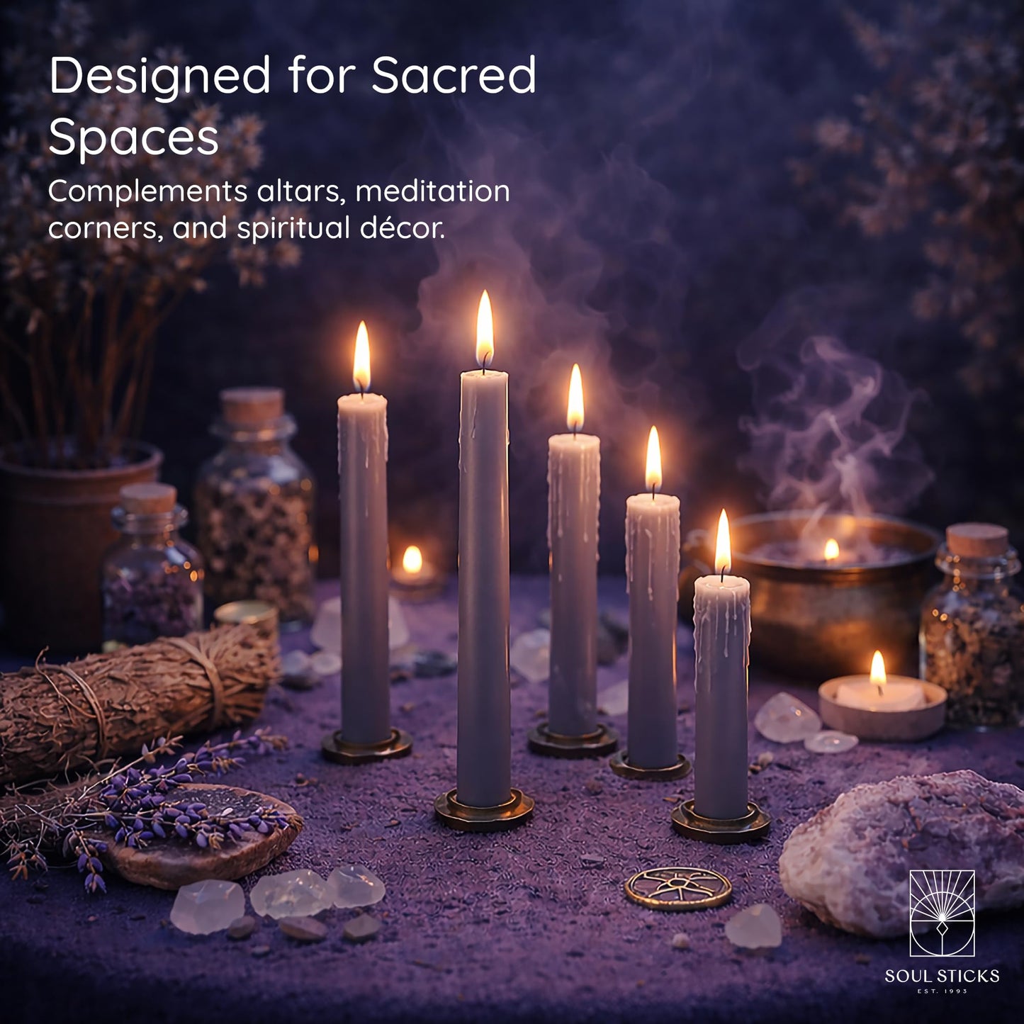 SOUL STICKS Wisdom Magic Spell Chime Taper Candles 20 Pack - Ideal for Altar, Rituals, Ceremonies, Meditation Grey Tapered Candle for Witchcraft Supplies, Wiccan Supplies, Candles Clearance