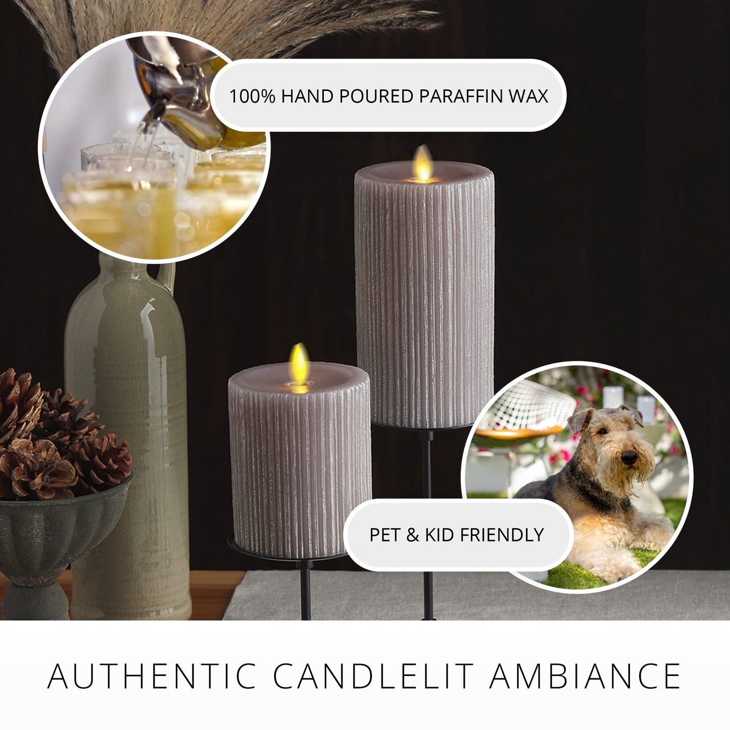 Luminara Metallic Embossed Pillar, Grey Flameless LED Candle 3.25" x 6.5", Battery Operated Real Flame Technology w/Timer Function, Paraffin Wax