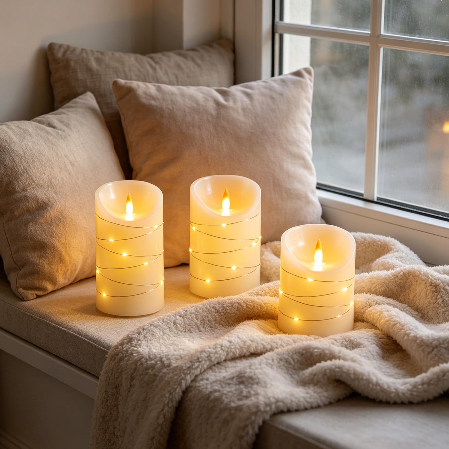haitanghua Rechargeable Flameless Candles Set of 3, Real Wax LED Pillar Candles with Flickering Flame & Fairy String Lights, USB Rechargeable, Remote Control & 2/4/6/8H Timer, Ivory