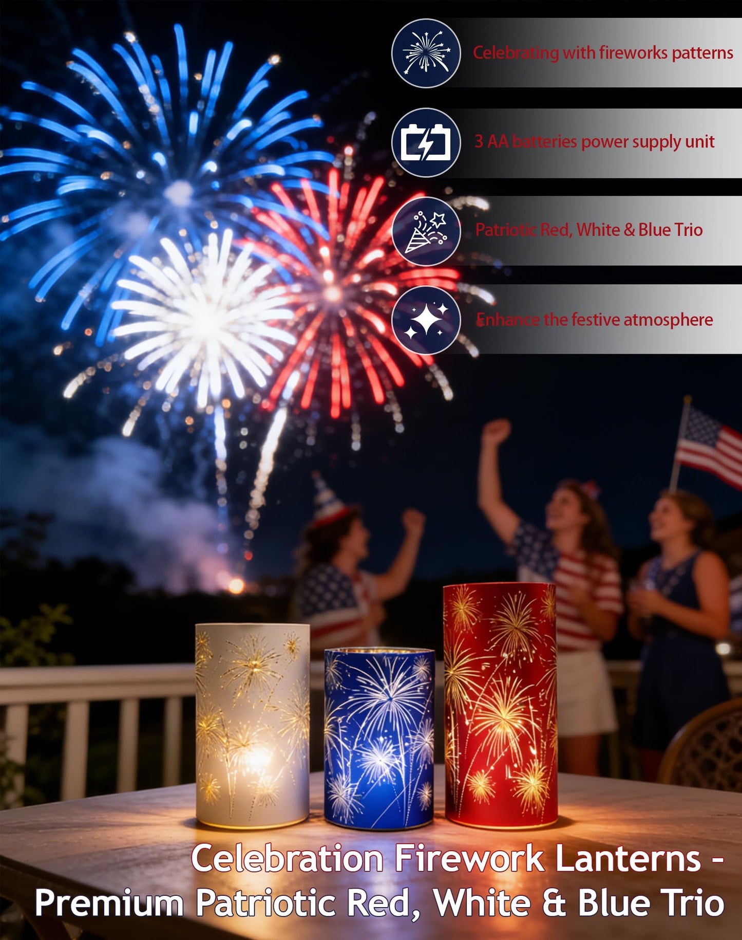 Set of 3 Celebration Fireworks Glass Hurricanes, New Etched Firework Starburst Glass Hurricane Lamp with LED Lights, 250 Anniversary America Centerpieces for Mantel, Dining Table (Warm Light-A)