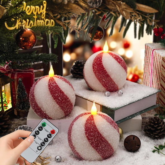 Set of 3 Christmas Sphere Candy Cane Flameless Candles, Glitter Red White Real Wax Flickering Ball Candles Battery Operated with Remote, Candy Cane Christmas Decorations, Xmas Party Centerpieces Decor