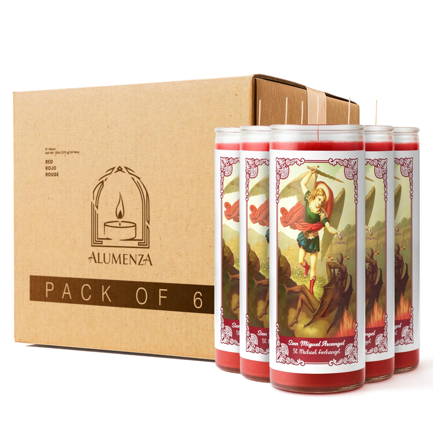 Alumenza Bulk 6 Pack San Miguel Arcangel Candle in Glass Jar 90 Hours – Paraffin Wax, Clean Burning Unscented | Large & Tall Devotional Prayer Pillar Candles for Home, Memorial, Rituals