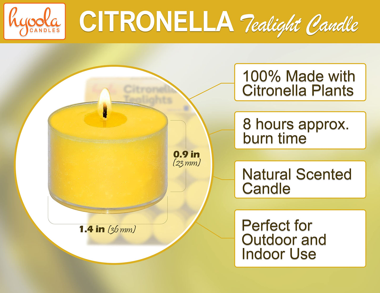 Hyoola Tealight Citronella Candles Outdoor, 8 Hour Burn Time, Indoor and Outdoor Mosquito, Insect and Bug Repellent Citronella Candle, Natural Fresh Scent, Decorative in Clear Cup (Pack of 40)