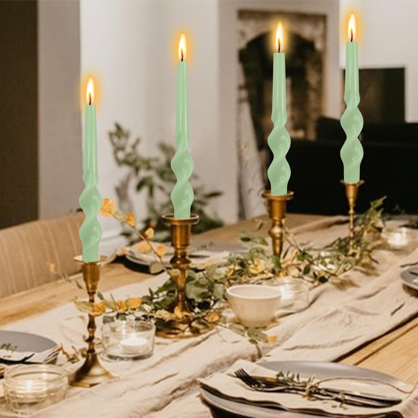 4 Pack Green Spiral Taper Candles Unscented Tapered Candles Twisted Candle 10 Inch Smokeless Tall Candlesticks for Weddings Dinner Parties Home Decor